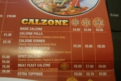 The Calzone menu from the Pizza place on Rice Lane, Liverpool